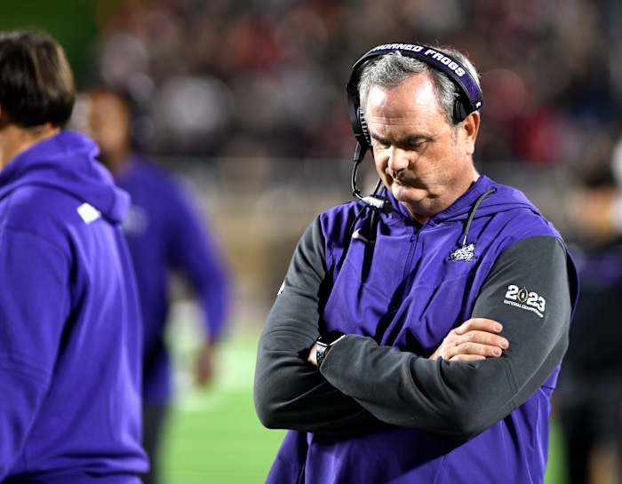 TCU's head coach Sonny Dykes makes a face during the Big 12 football game against Texas Tech, Thursday, Nov. 2, 2023, at Jones AT&T Stadium.